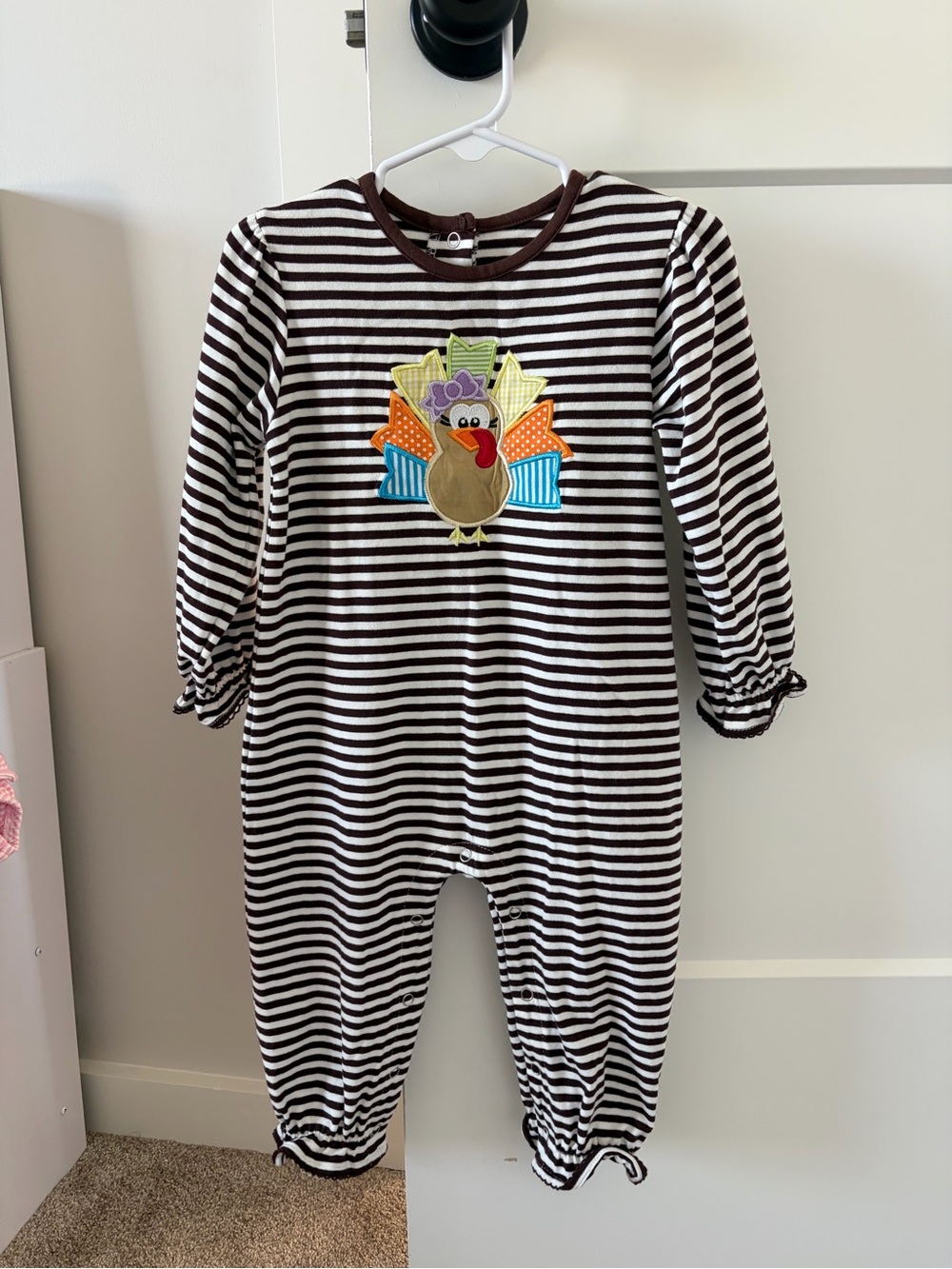 Brown Stripe Thanksgiving Romper with Turkey